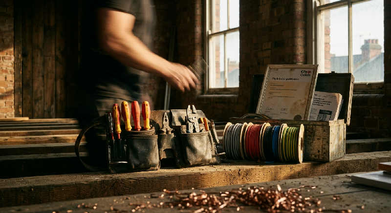 Close-up shot of heavy electrical cables and copper wire coils on a wooden floor in warm sunset light.
