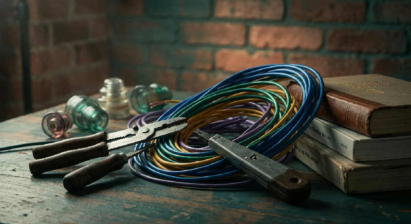 Abstract view of coiled blue and grey ethernet cables on a studio floor under soft, atmospheric lighting.