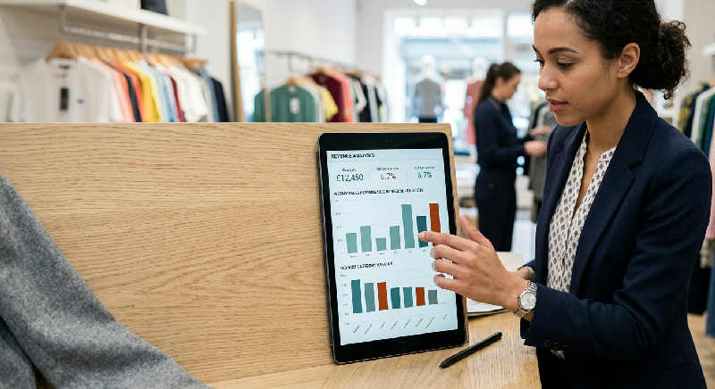 Close-up of price tags on a clothing rack in a bright, modern shop with a blurred worker assisting a shopper behind.