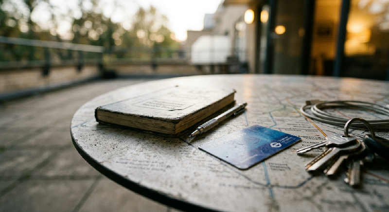 Close-up of a weather-worn metal circuit board resting on a stone terrace, illuminated by soft blue and golden light.