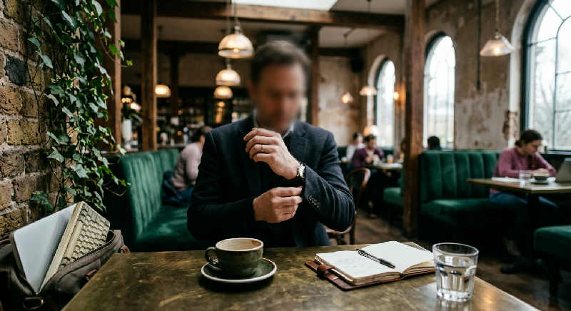 Blurred hands gesturally explain a concept over espresso on a marble table in a moody, upscale London cafe.