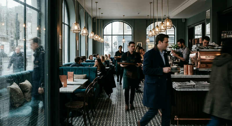 Repeated rows of velvet armchairs in a dimly lit, high-end cafe with soft light filtering through large windows.