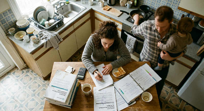 Financial spreadsheets and a calculator laid out on a wooden kitchen table next to a cup of tea and a ballpoint pen.
