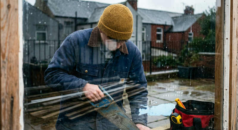 Reflections of a wooden workbench and hand tools shimmer in a puddle on an outdoor terrace under a cloudy grey sky.