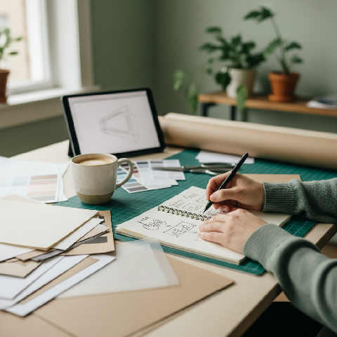 A bright studio desk with pencil sketches, color swatches, and fabric samples catching soft light in a quiet workspace.