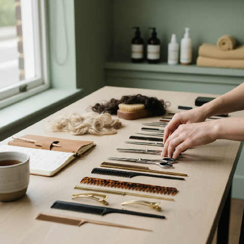 A stylist uses a comb and scissors to trim hair in a bright, modern studio with minimalist decor and soft lighting.