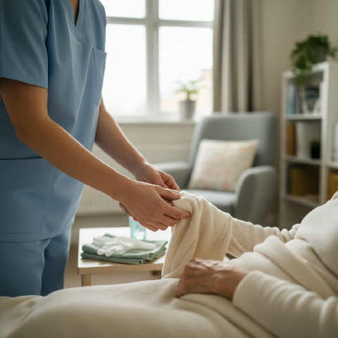 A healthcare assistant in scrubs gently holds an elderly patient's hand in a bright, sunlit room.