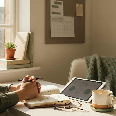 A minimalist desk with a leather notebook, glasses, and a ceramic mug in a bright, modern office setting.