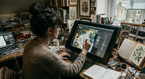 An artist's ink-stained hands sketch onto thick paper in a dimly lit studio, surrounded by pens and open jars of ink.