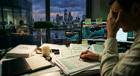 A banker in a dark suit gestures toward glowing market data on multiple monitors in a dim, high-stakes trading room.