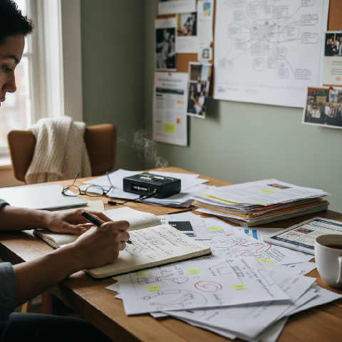 A journalist works at a modern desk with a laptop, notebooks, and reference sketches in a bright, quiet UK newsroom.