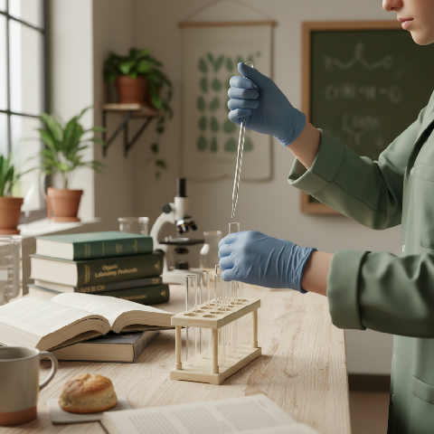 A technician in a white lab coat examines a sample under a microscope in a bright, modern science classroom.