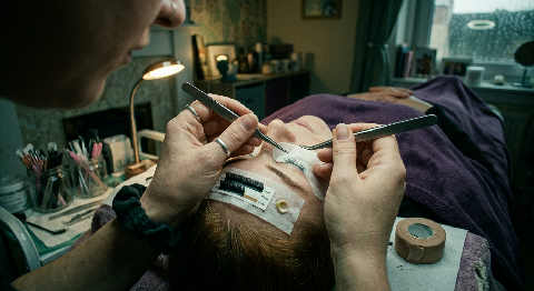 Steady hands use tweezers to apply individual lash extensions to a client's eyes in a dimly lit, cozy studio.