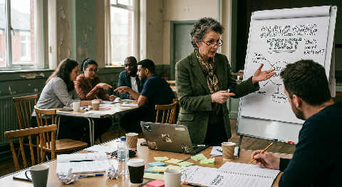 A consultant gestures towards a whiteboard filled with strategy notes during an intense workshop with a small team.