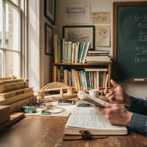 A lecturer speaks to students in a modern UK classroom filled with books, laptops, and bright natural light.