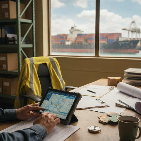 Hands adjusting a digital tablet and documents on a desk overlooking a busy shipping container terminal at sunset.