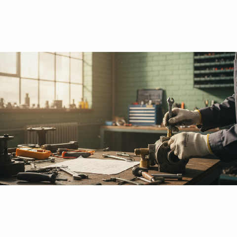 Close-up of hands using a wrench to tighten a metal pipe in a bright, sunlit industrial workspace with tools nearby.