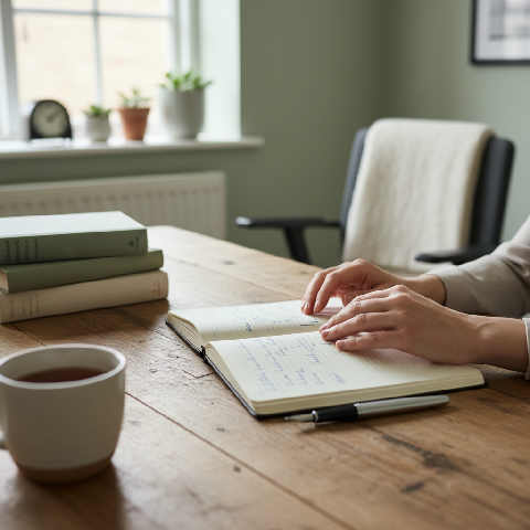 A minimalist desk with an open notebook, pen, and glasses in a bright, modern office with soft natural light.