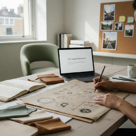 Marketing sketches, fabric swatches, and design materials spread across a bright, creative studio workspace in the UK.