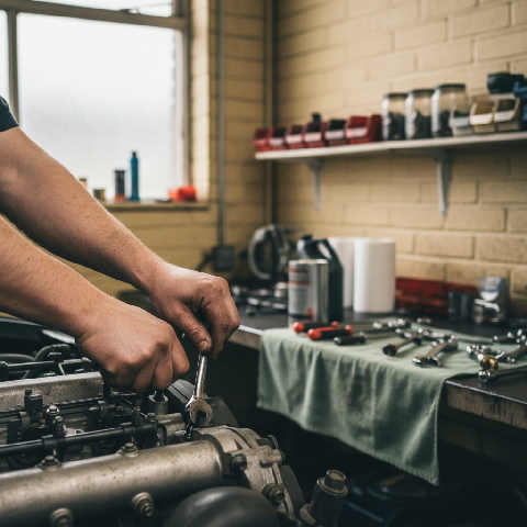 A mechanic in blue overalls uses a wrench to work on a car engine inside a bright, tool-filled garage workshop.