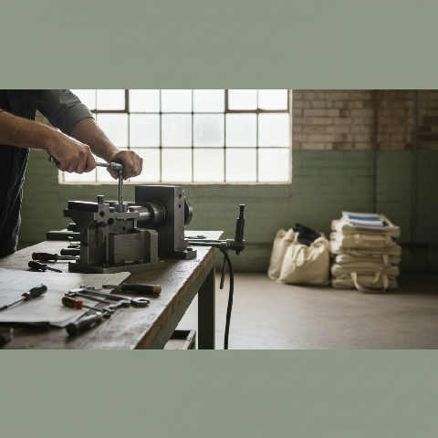 Hands adjusting a mechanical component with a wrench on a sunlit industrial workbench surrounded by metal tools.