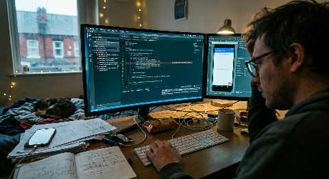 A developer's hands hold a smartphone displaying code, illuminated by the blue glow of a laptop in a dimly lit room.