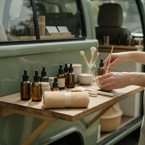 A professional beautician organizes nail polishes and tools on a rustic wooden table in a bright, cozy home workspace.