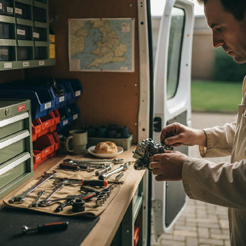 A mechanic in a high-visibility vest reviews a tablet while sitting inside a van filled with organized tools and equipment.