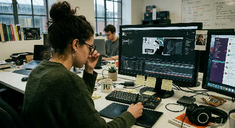 A designer uses a stylus and tablet to adjust keyframes on a complex animation timeline in a dimly lit, moody studio.