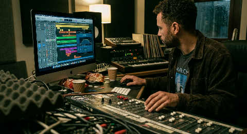 An over-the-shoulder view of a producer adjusting faders on a large mixing console in a dimly lit, moody studio.