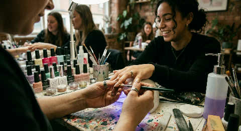 Close-up of a technician's hands carefully painting a client's fingernails with a steady brush in a moody salon.