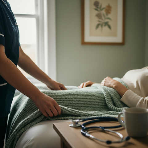A nurse in blue scrubs gently holds an elderly patient's hand in a bright, sunlit clinical room.