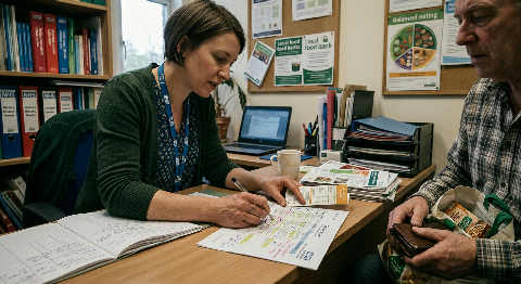 A specialist in a green knit sweater reviews a patient health chart next to a bowl of fresh lemons and leafy greens.