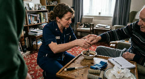 An occupational therapist helps an elderly man use a reacher tool to pick up a slipper in a dimly lit living room.