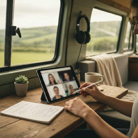 A focused professional sits at a wooden kitchen table with a laptop, notebook, and coffee in a bright, home workspace.