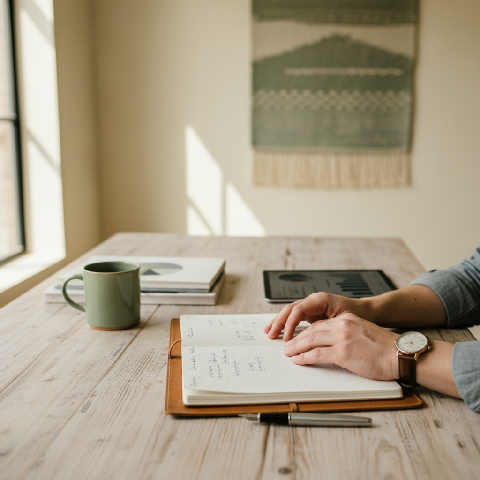 A focused workspace featuring a neat desk, open notebook, and glass of water in a bright, modern office with soft lighting.