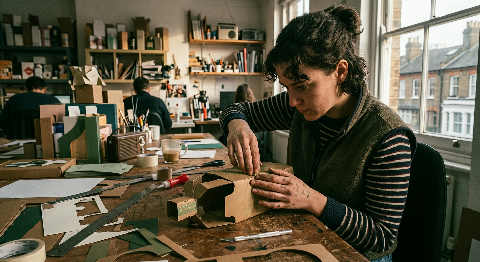Close-up of hands steadying a cardboard prototype, using a precision blade to trim an edge under soft green studio light.