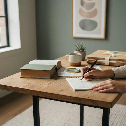 A focused workspace featuring a legal notebook, elegant pen, and organized documents on a clean glass desk.