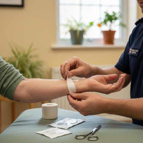 A paramedic's hands gently hold a patient's hand in a sunlight medical setting, showing compassionate care.