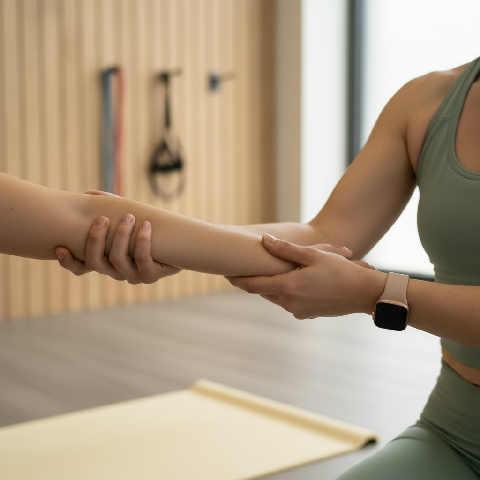 A personal trainer in a bright fitness studio provides gentle, hands-on guidance to a client during a workout.