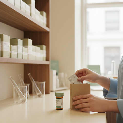 A pharmacist in a white coat smiles while discussing medication with a patient in a bright, modern pharmacy.
