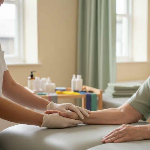 A physiotherapist's hands gently guide a patient's movement during a session in a bright, sunlit clinical space.