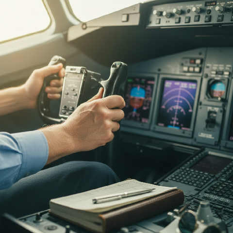 Close-up of a pilot's hands adjusting flight deck controls and throttle levers in a sunny airplane cockpit.