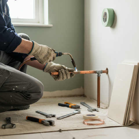 A plumber tightens a copper pipe fitting with a wrench on a bright construction site, surrounded by professional tools.