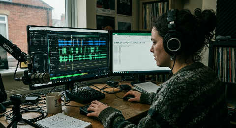 Over-the-shoulder view of a podcast editor focused on complex audio waveforms on a monitor in a moody, backlit studio.