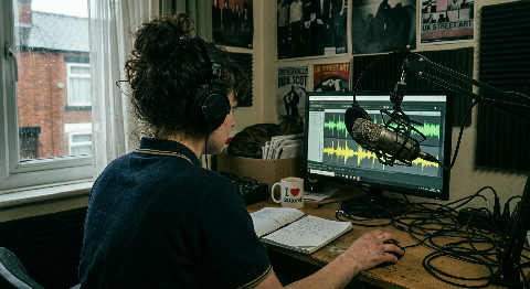 A person speaks into a professional microphone in a dimly lit, soundproofed room with green acoustic foam panels.