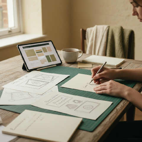 A bright workspace with sketches, press clippings, and fabric samples spread across a desk in a quiet studio.