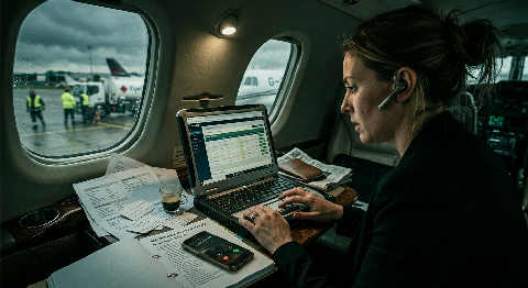 A broker in a dark green wool coat reviews flight manifests on a tablet while walking across a rain-slicked UK airfield.