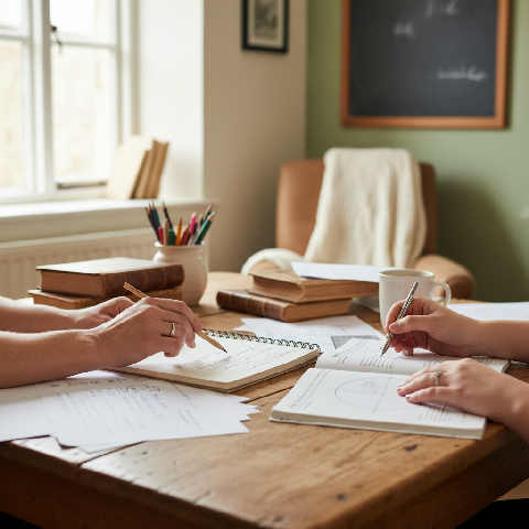 A tutor sits with a student at a rustic kitchen table covered in notebooks and textbooks in a bright, homey workspace.