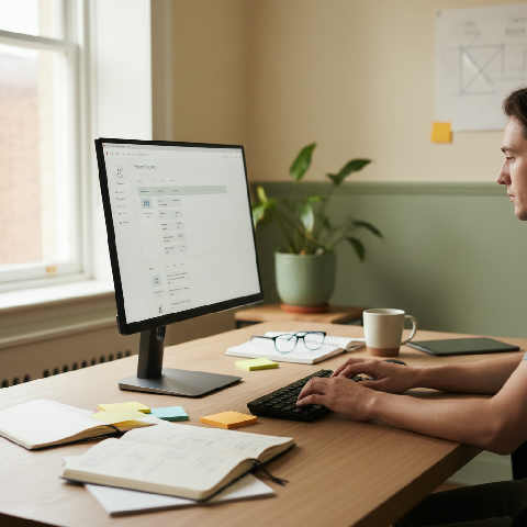 A focused desk workspace featuring a computer screen with user interface designs, stationery, and soft natural light.